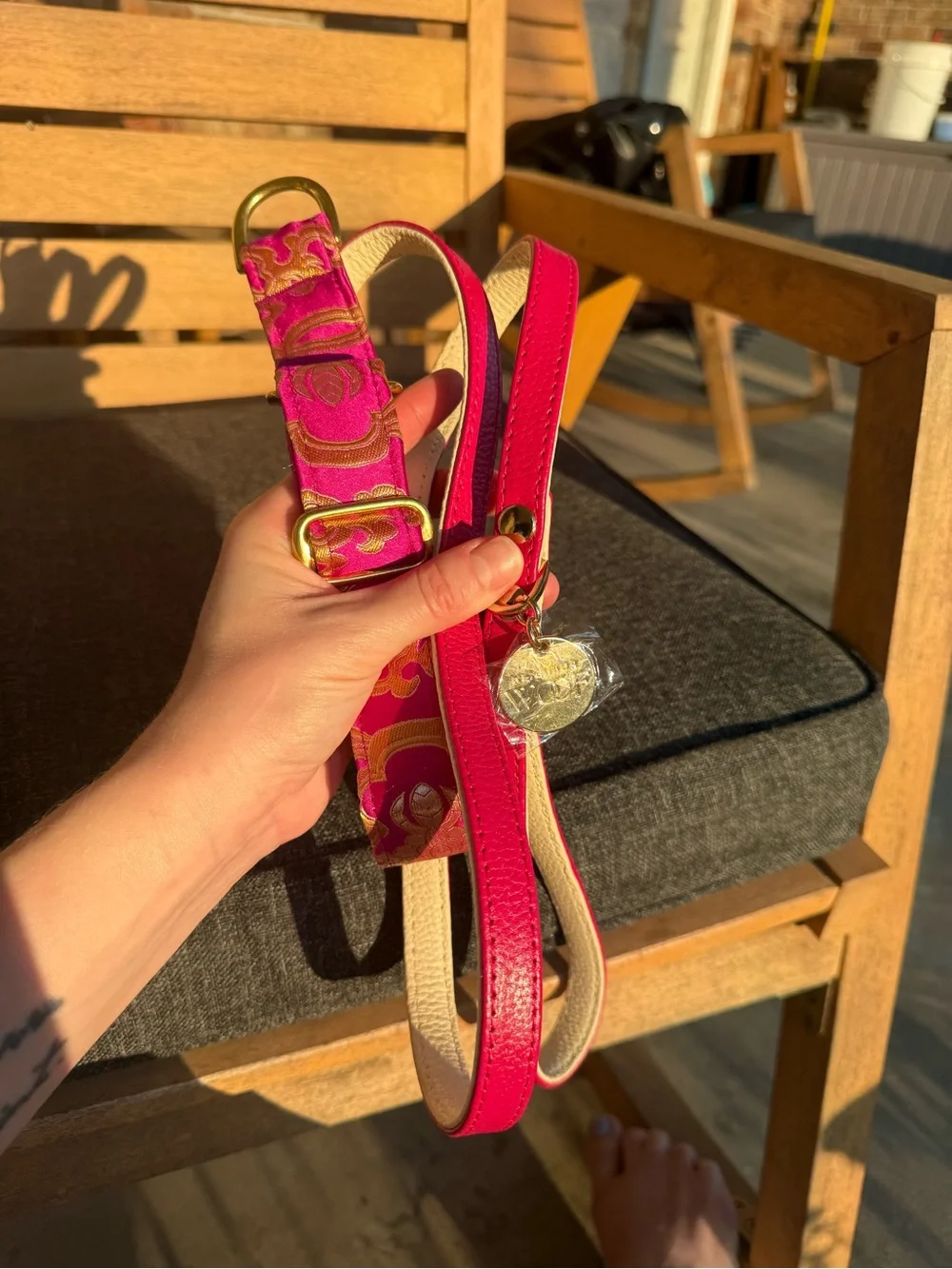 Luxury hand made dog collar and Italian leather handmade leash. Pink and gold